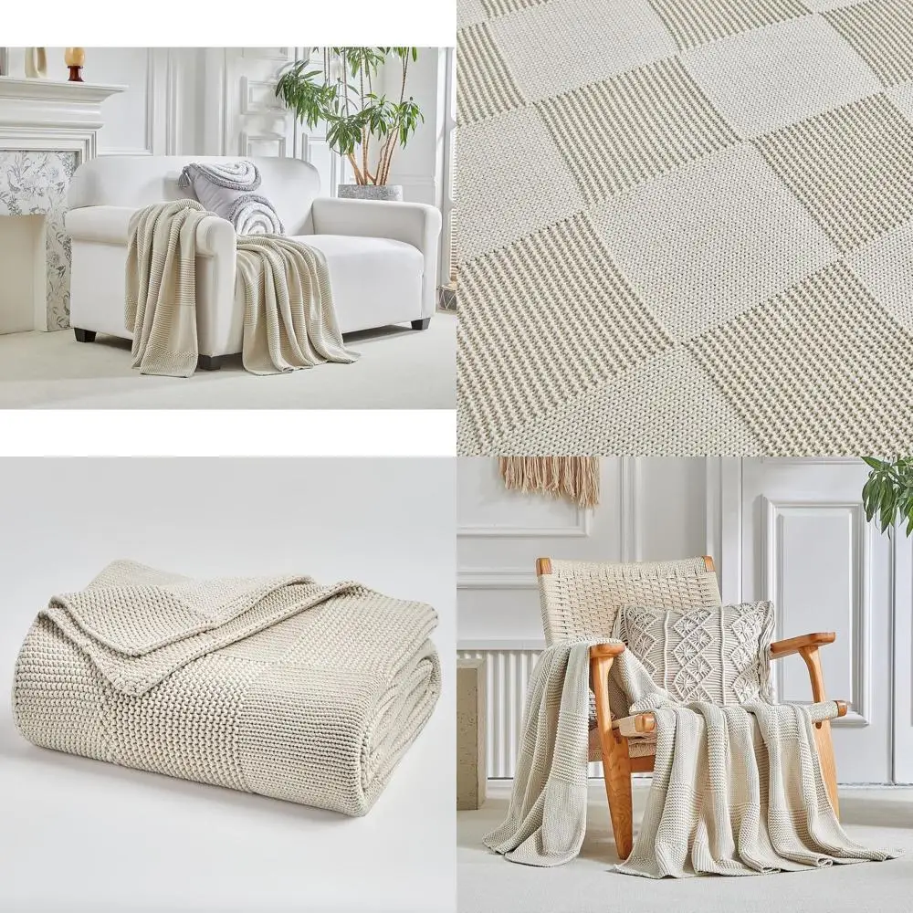 

Beige Chunky Cable Knit Cotton Throw Blanket, 60x80, Nursery & Home Decor, with Laundering Bag