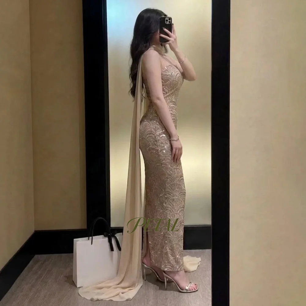 Petal Gold Prom Dress with Sequins Mermaid Evening Dress with Crystal Stones Formal Occasion Dress for Arabic Women Customized