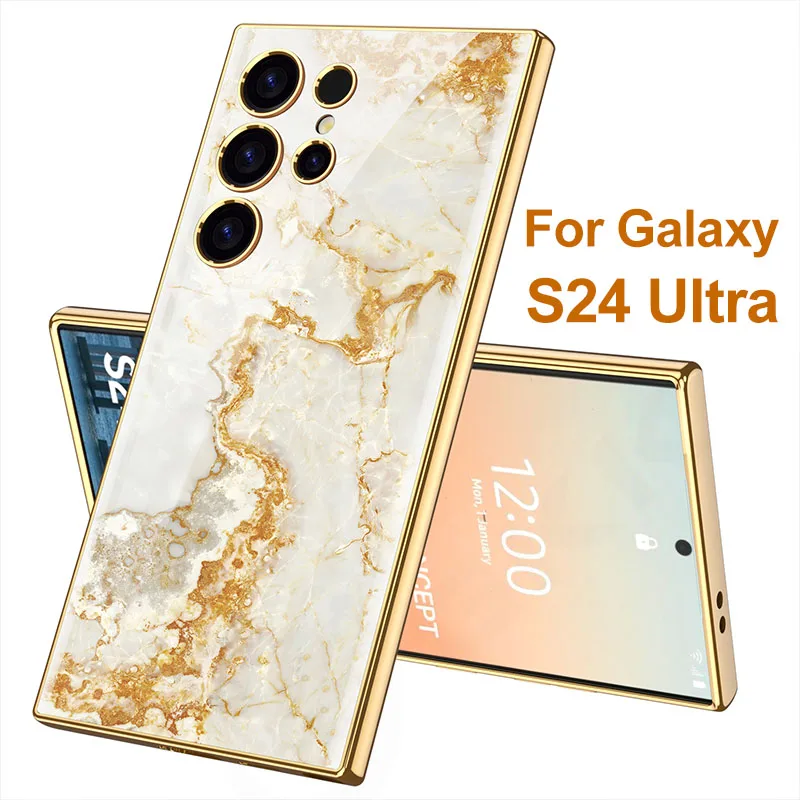 Luksusowe etui ze szkła z wzorem platerowania do Samsunga Galaxy S24 Ultra, twarda obudowa z ochroną aparatu do Galaxy S24 Ultra.