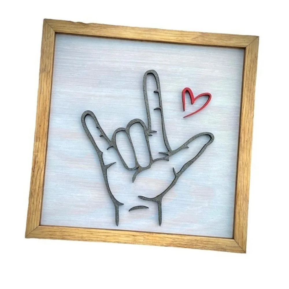 Creative Wooden I Love You Sign Language Wall Art Love Sign Hand Symbol Photo Frame Crafts 20x20cm Wall Decoration Painting Home