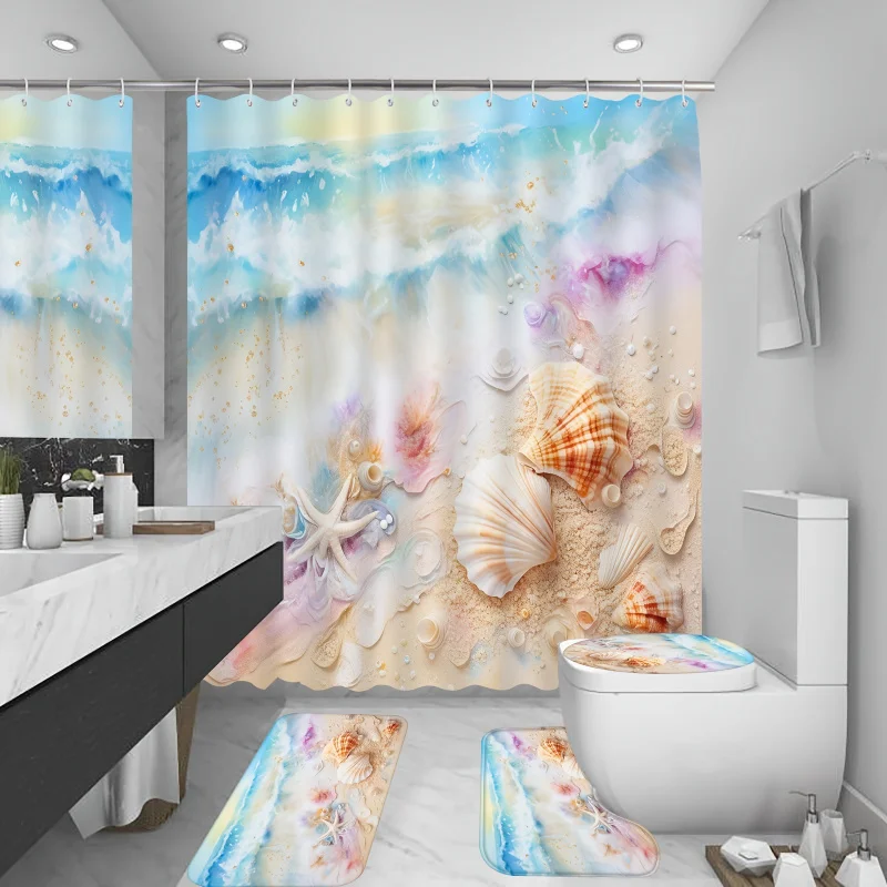 4pcs Beach Starfish Shells Printed Shower Curtain Set with Waterproof Design, Non-Slip Bathroom Rug, U-Shape Toilet Mat, Toile