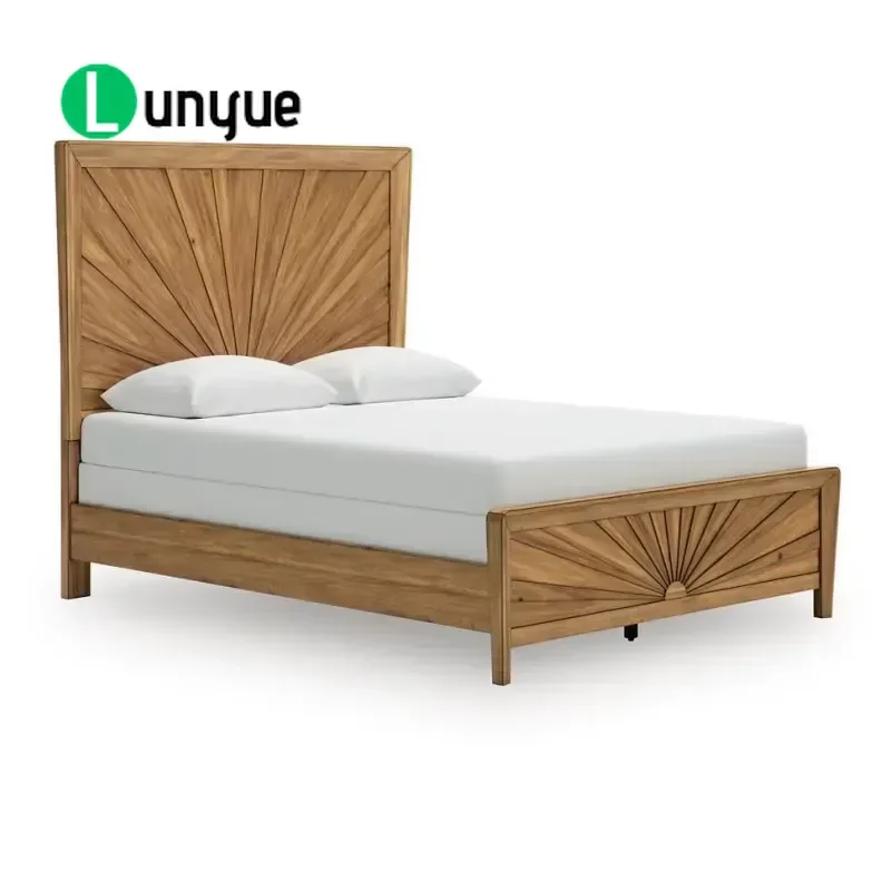 American Sun Pattern Solid Wood Bed Retro Natural Wood Double Bed for Master Bedroom Sturdy Frame Vintage Style Home