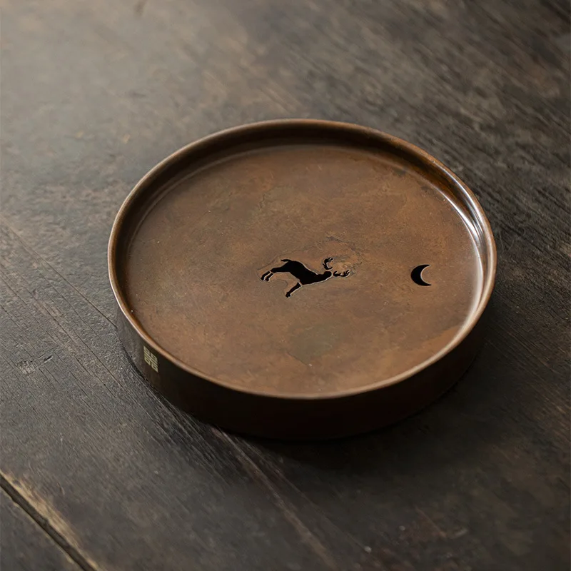 Handmade Silver-Inlaid Magpie Pattern Copper Tea Tray, Collectible Round Dry Brewing Stand, Gongfu Tea Pot Holder & Tea Coaster