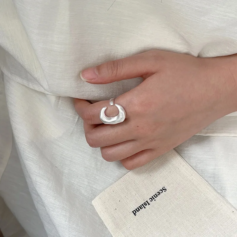 Vintage Moon Open Ring - Brushed Texture, Copper Plated Silver, Minimalist Style, Sleek Index Finger Ring For Women M394