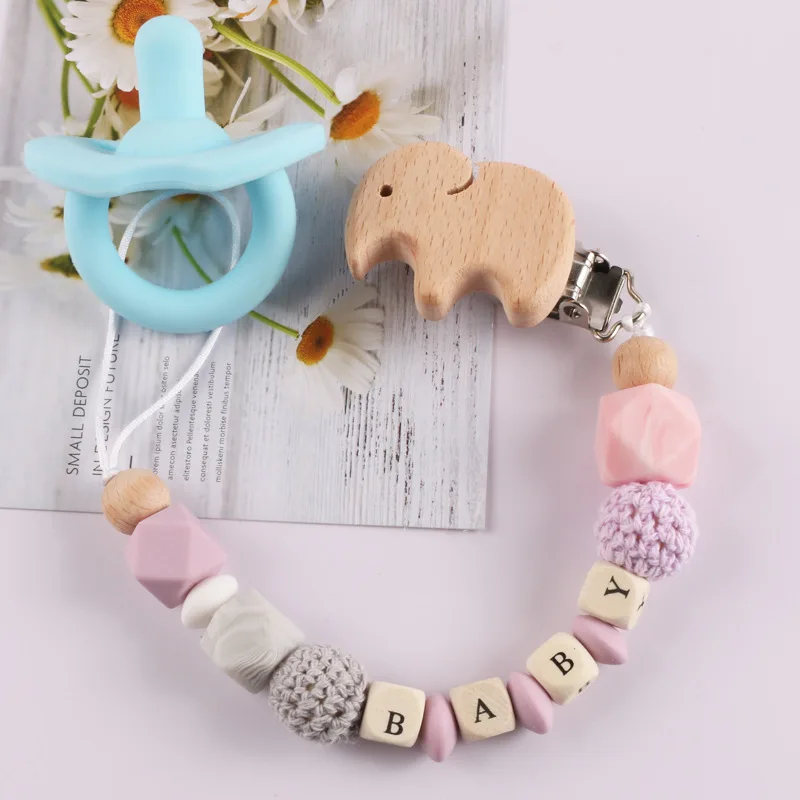 

Baby Pacifier Clips Personalized Name Elephant Beech Wood Dummy Nipple Holder Clip Chain Silicone Teethers Newborn Teething Toys