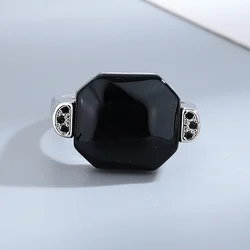Silver Jewelry Ring Natural 13*12mm Octagon Big Black Agate Stone Vintage Ring For Women Party Gifts