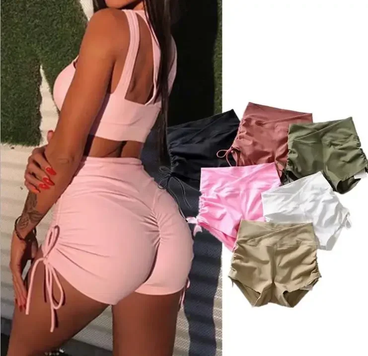 

Women Casual High Waist Fitness Slim Skinny Shorts Solid Color Lace Up Ruched Summer White Black Biker