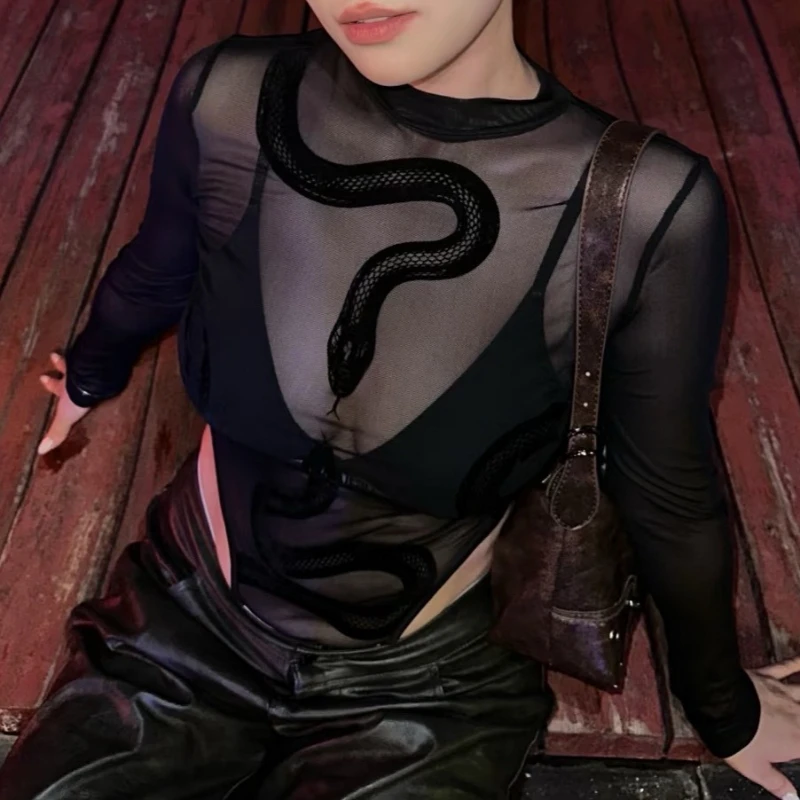 New spicy girl snake print perspective sexy splicing round neck mesh bodysuits for women