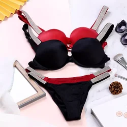 Women Bra Set Sexy Underwear Vs Push Up Bra And Panty Set Letter Rhinestones Panties G String Pink Lingerie Set For Woman