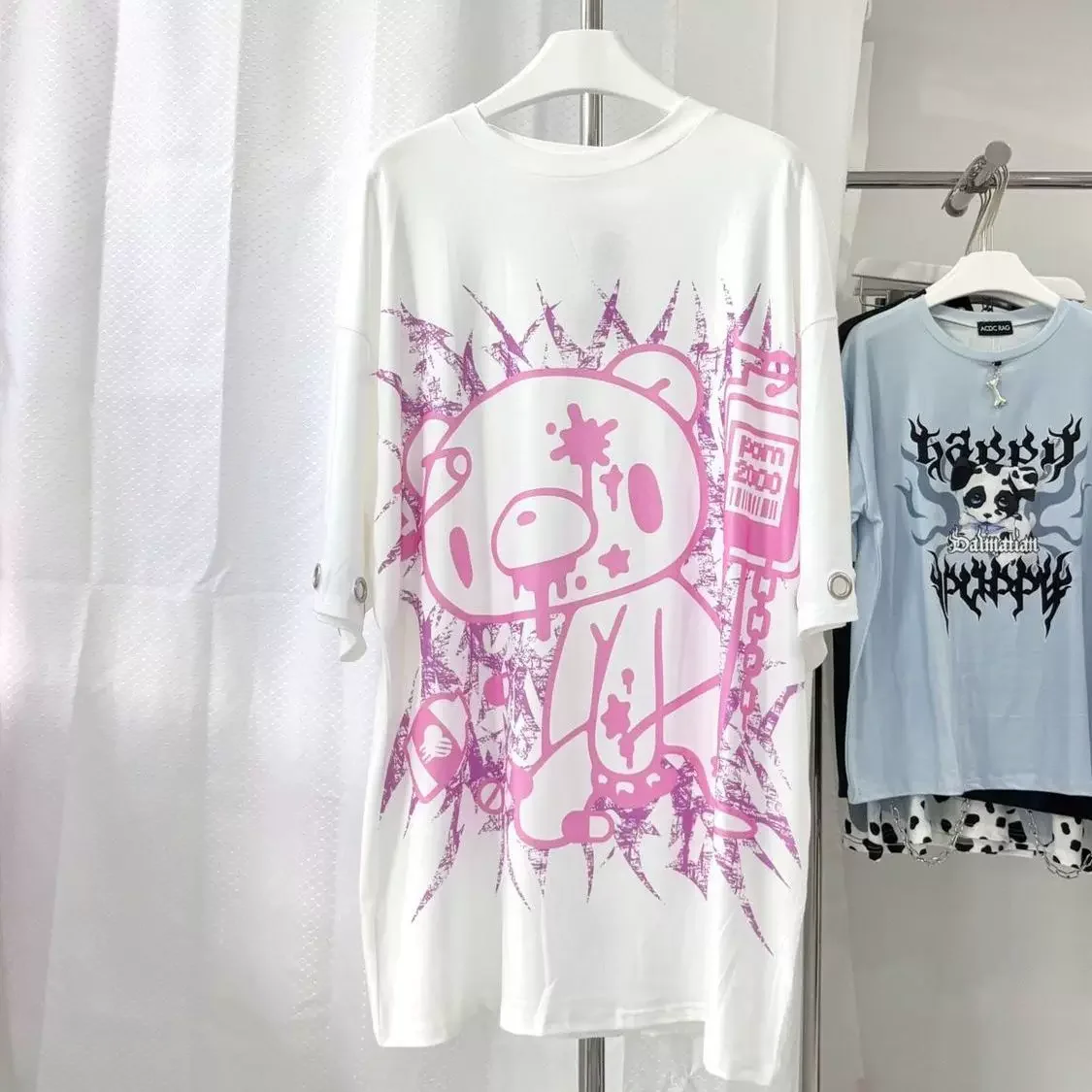 Harajuku Y2K Oversized Cartoon Bear T‑Shirt Black‑Pink Graphic T Shirts Loose Punk Streetwear Short Sleeve Tee