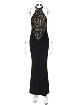 Mozision Lace Halter Backless Sexy Maxi Dress For Women Black Off-shoulder Strapless Sleeveless Bodycon Club Party Long Dress 6