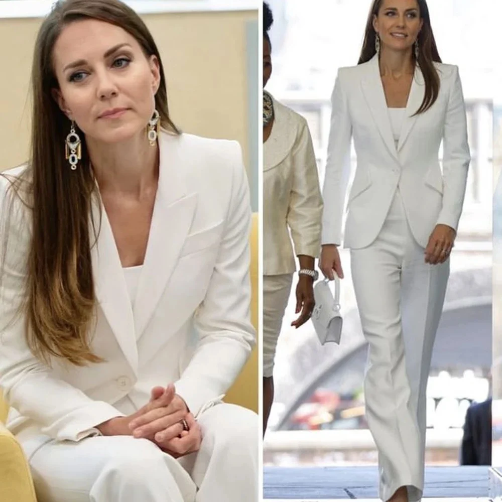 

Women White Suits 2 Piece Chic Single Breasted Female Clothing Wedding Party Daily Office Work Pants Sets