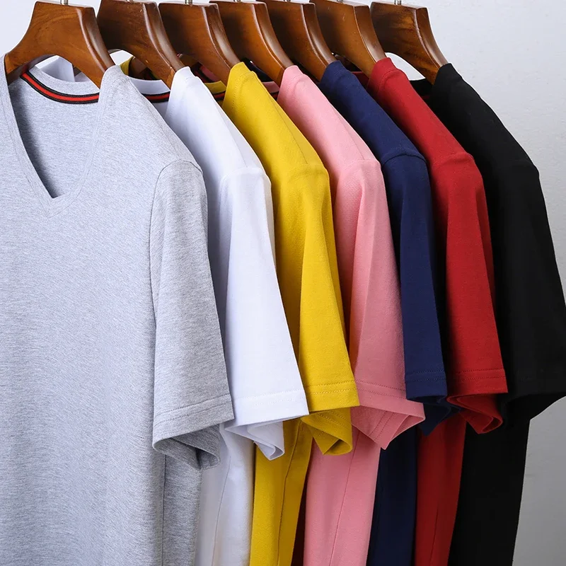Loose summer fat T-shirt, men's solid color V-neck T-shirt, red, pink, blue, gray, yellow and other options, Asian size M-7XL