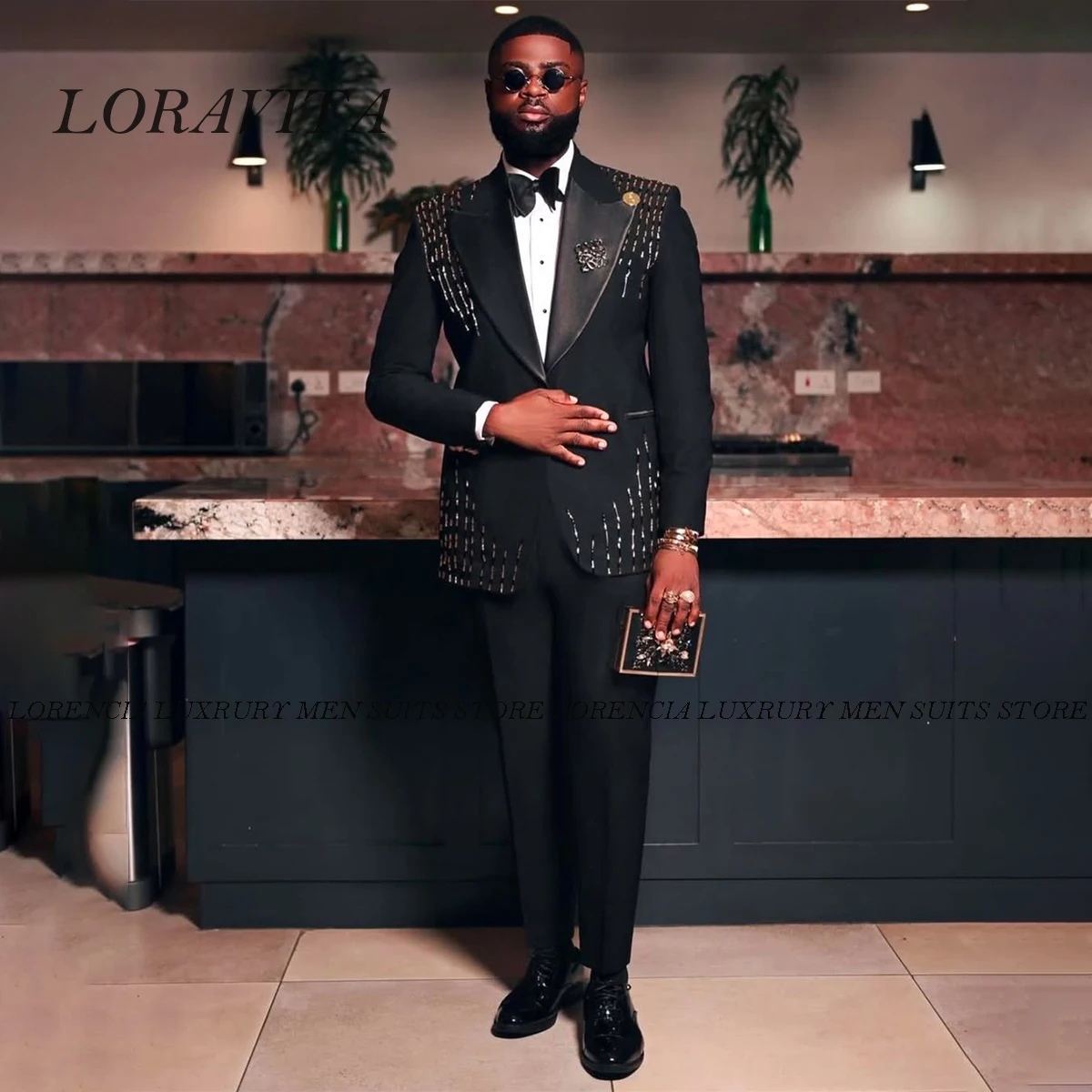

Customized Sparkly Ornament Tuxedo Men Suits Wedding Groom Blazer Sequin Lapel Crystal 2 Piece Set 2025 rajes para hombre