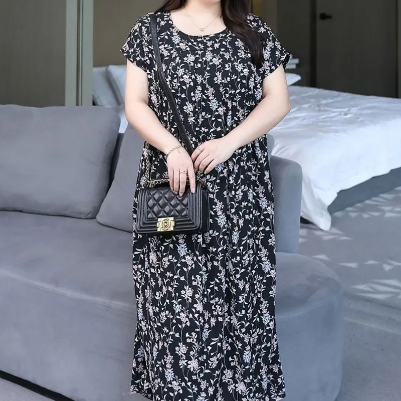 Vintage Broken Flowers Printed Long Dress Female Clothing Fashion Spliced Summer Casual Loose Straight All-match O-Neck Dresses