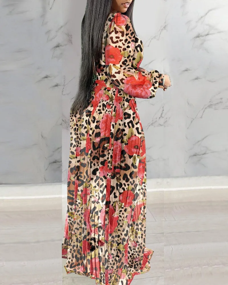 Wiosna Moda damska Leopard Floral Print Lantern Sleeve Sheer V-Neck Pleated Maxi Dress Elegancka sukienka wieczorowa