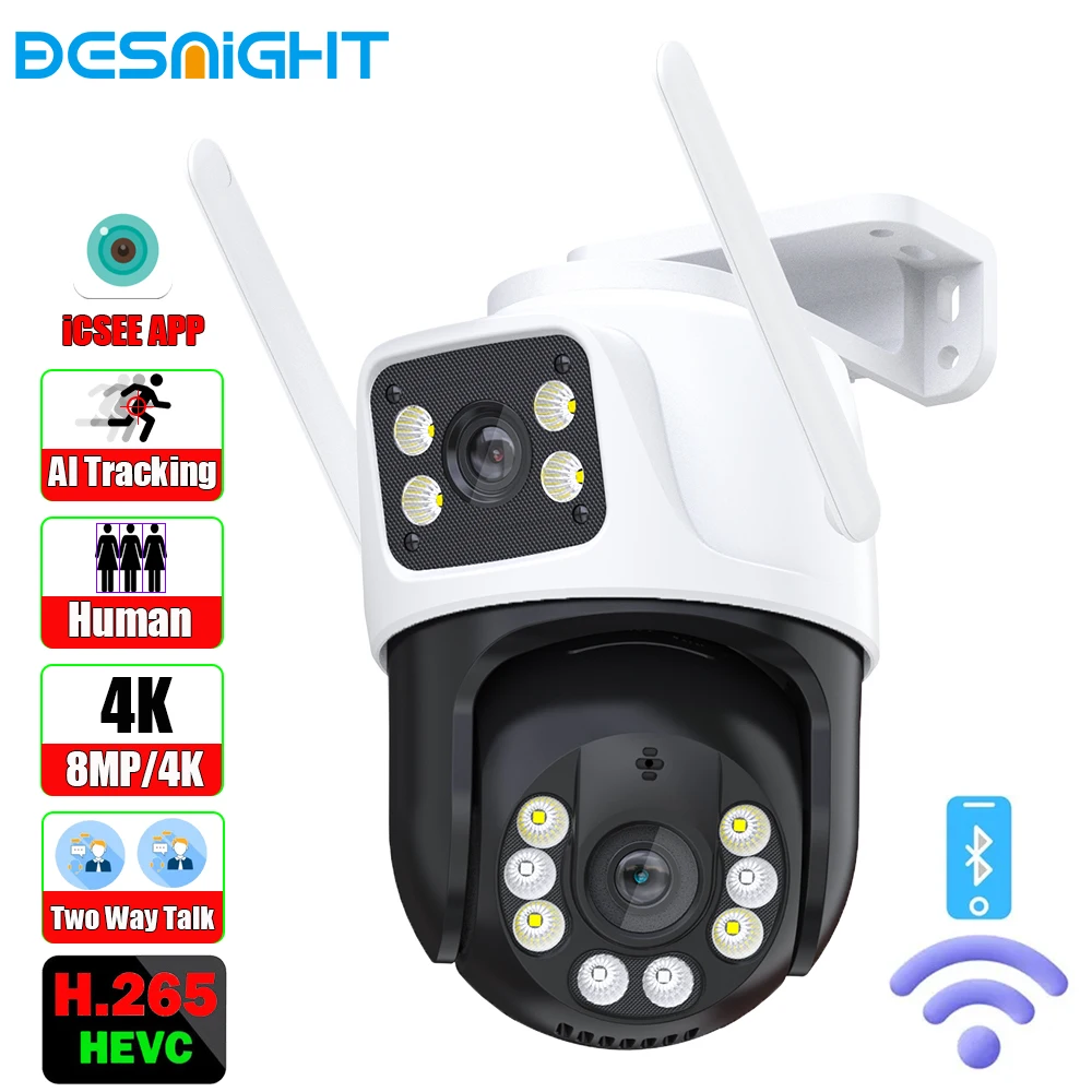 4K 8MP PTZ Wifi Camera Dual Lens with Dual Screen Ai Human Detect Auto Tracking Wireless Surveillance Camera iCSee App