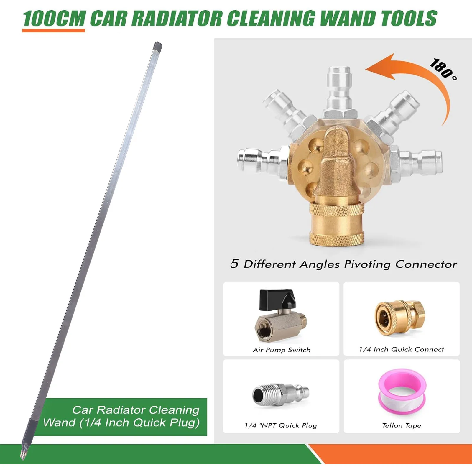 Car Radiator Pressure Washer Wand 39in Dual Use Cleaner Air Pump Flush Truck Power Cleaning Tools with 6 Nozzle Heads 1 Set