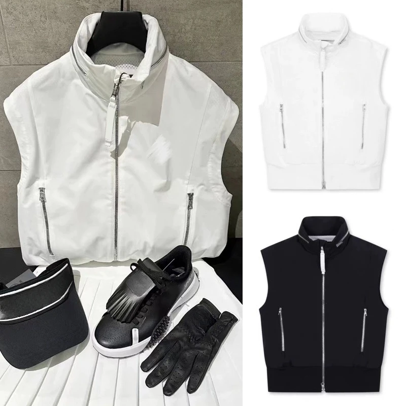 Women's Golf Uniform Outdoor Stand Collar Windproof Pocket Zipper Vest Sleeveless Hooded Jacket