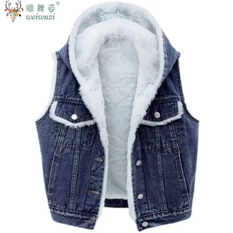 

Autumn Women's Cowboy Vest Cotton Faux Lamb Wool InnerLayer Sleeveless Denim Jakcet Winter Warm Waistcoat Top Fashion Denim Coat