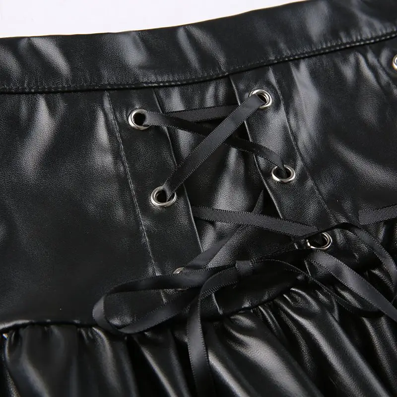 Dark Wind Gothic Bandage Pu Pleated Skirt Black Leather High Waist Mini Skirts Women 2021 Fashion Preppy Style Skirt