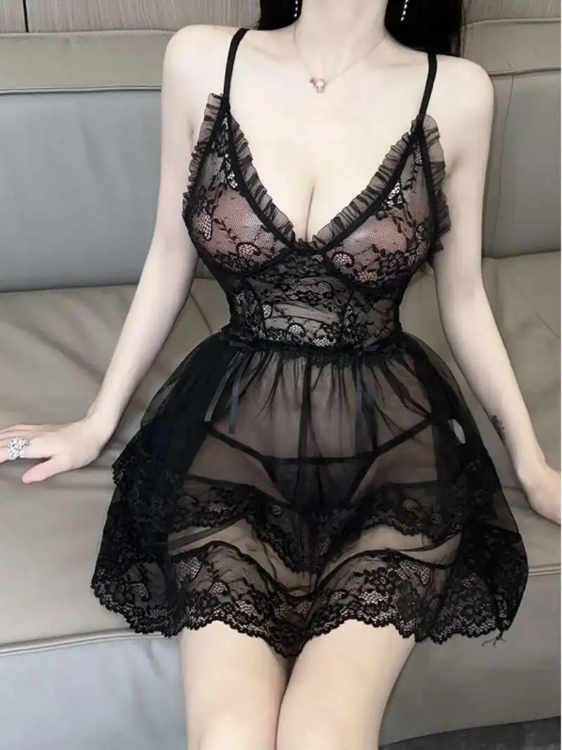 WOMENGAGA Lace Mesh Sheer A-LINE Dress 2023 Sexy Sling Transparent Lace V-neck Dress Hot Sexy Embroidery Flower Tops 4CKP