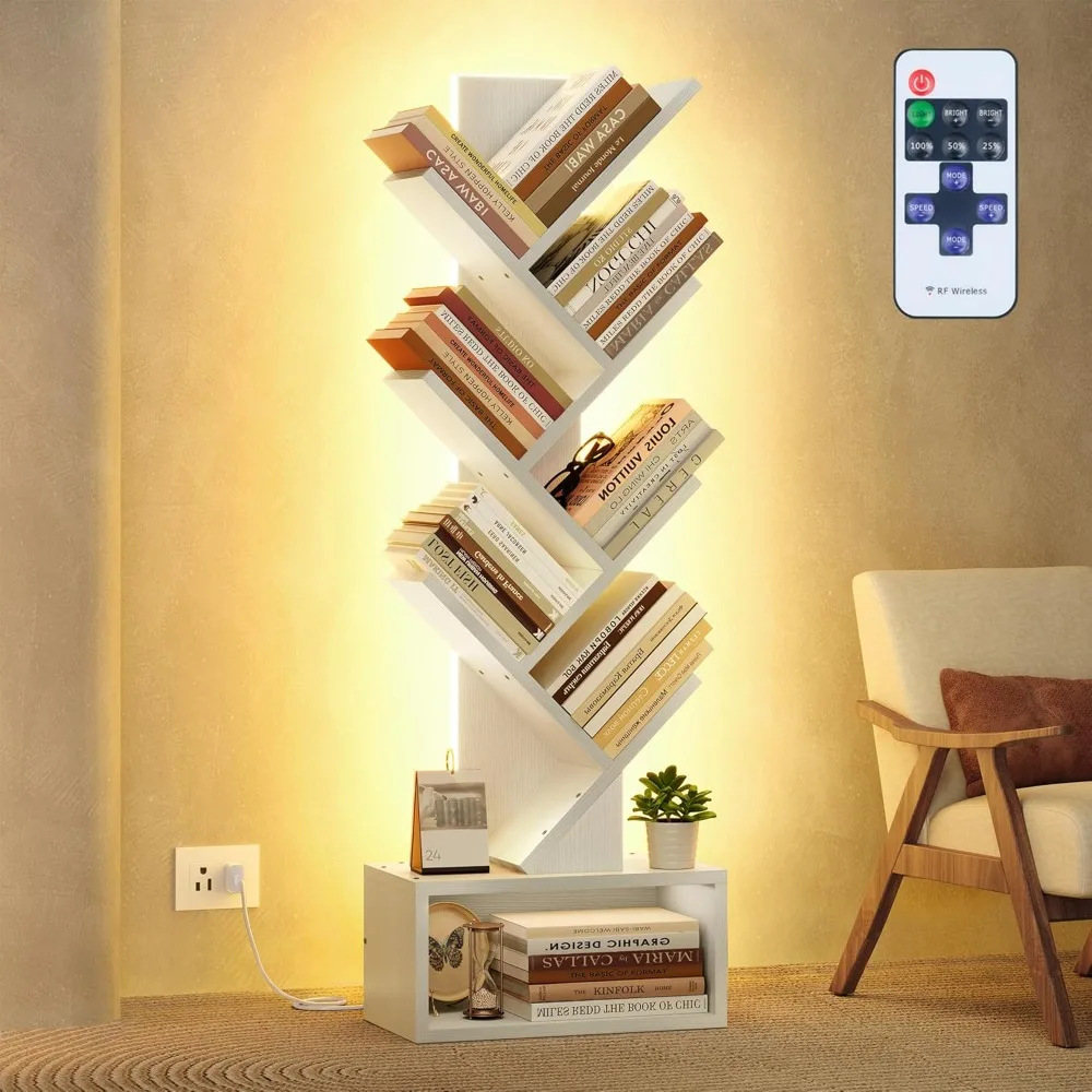 

6 Tier Tree Bookshelf, Tall Bookcase with Drawer, Freestanding Book Shelf with LED Lights, Display Floor Standing Storage Shelf