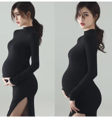 

Black Maternity Dresses For Photo Shoot Sexy Full Sleeve Knitted Photography Props Pregnancy Dress For Pregnant Women Photoshoot