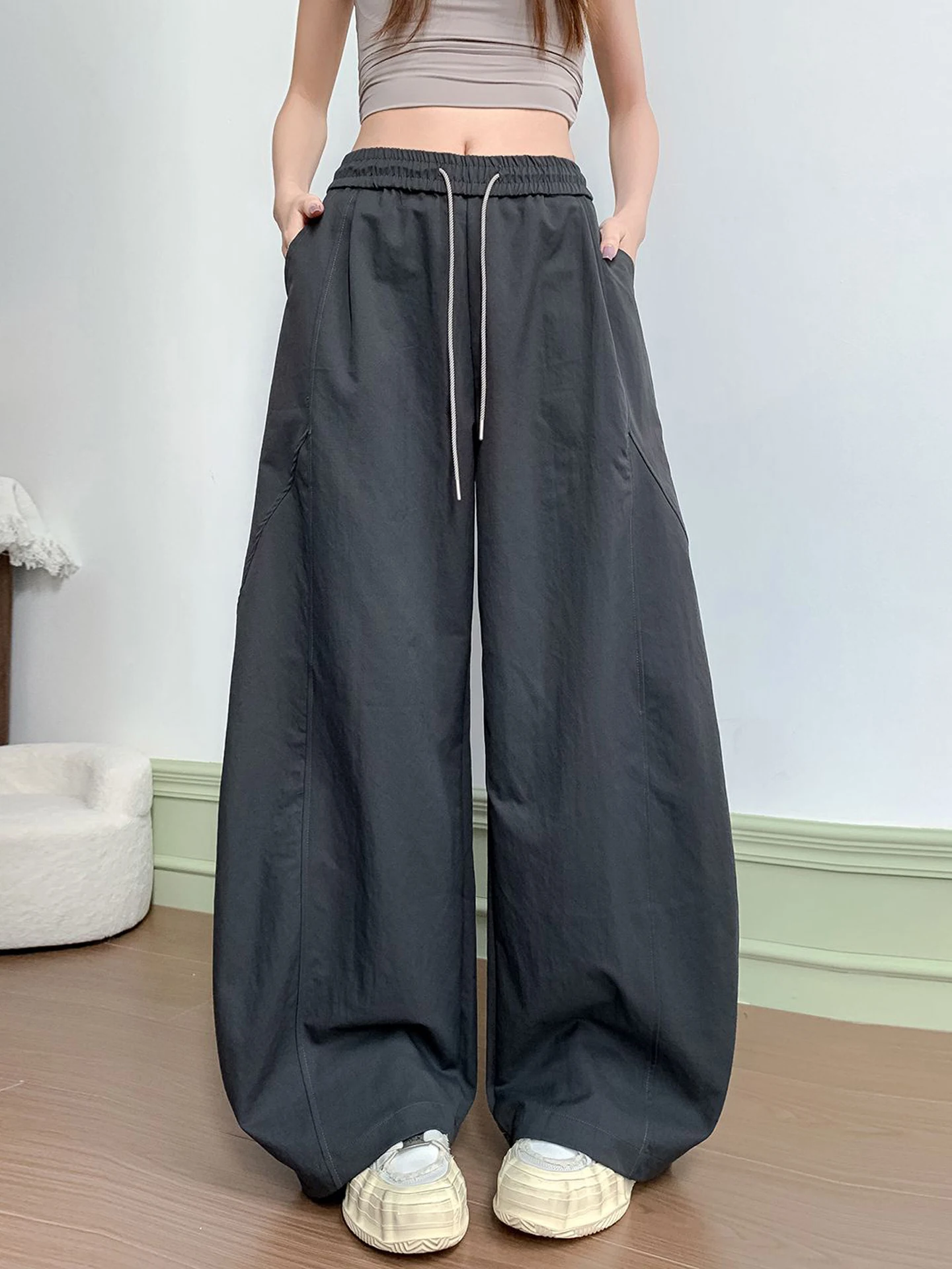 

Gray Wide Leg Pants Women's Summer Thin High Waist Slim Loose Casual Straight Drapey Floor-Length Trousers