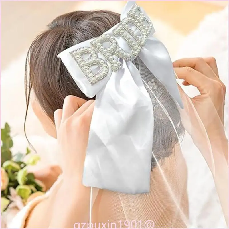 57qa künstliche Perlenbriefbrautschleier mit Bowknot und Haarbom – Detail 2