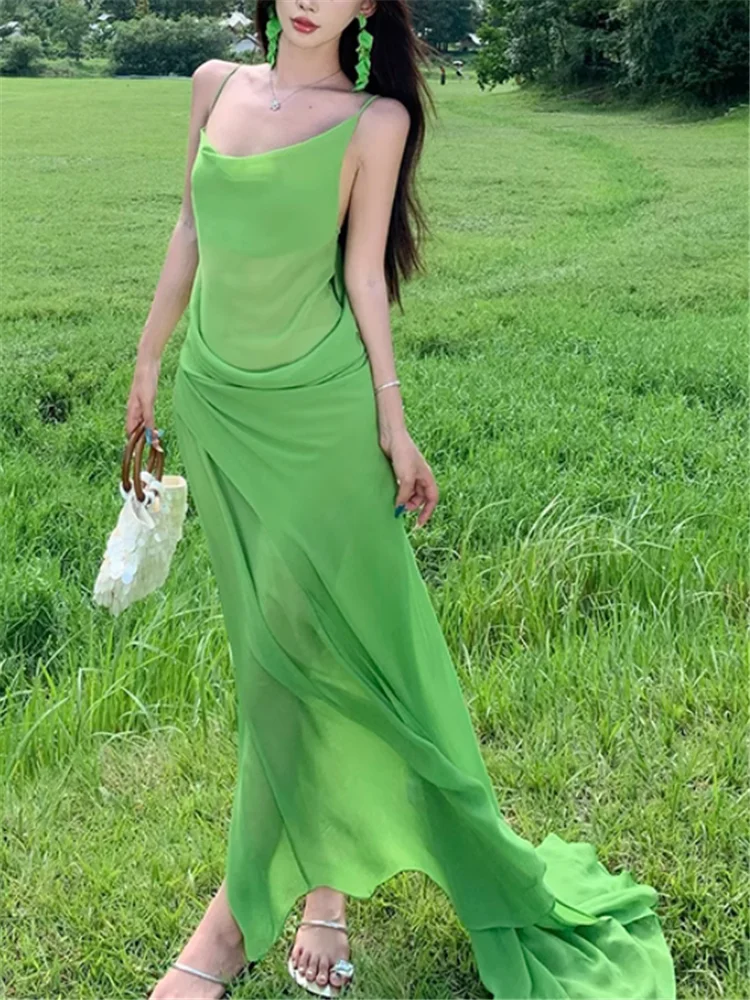 バックレスサマーグリーンメッシュフェアリーホリデーイレギュラーロングドレスノースリーブスイングカラーバケーションビーチフォトメッシュキャミソールドレス