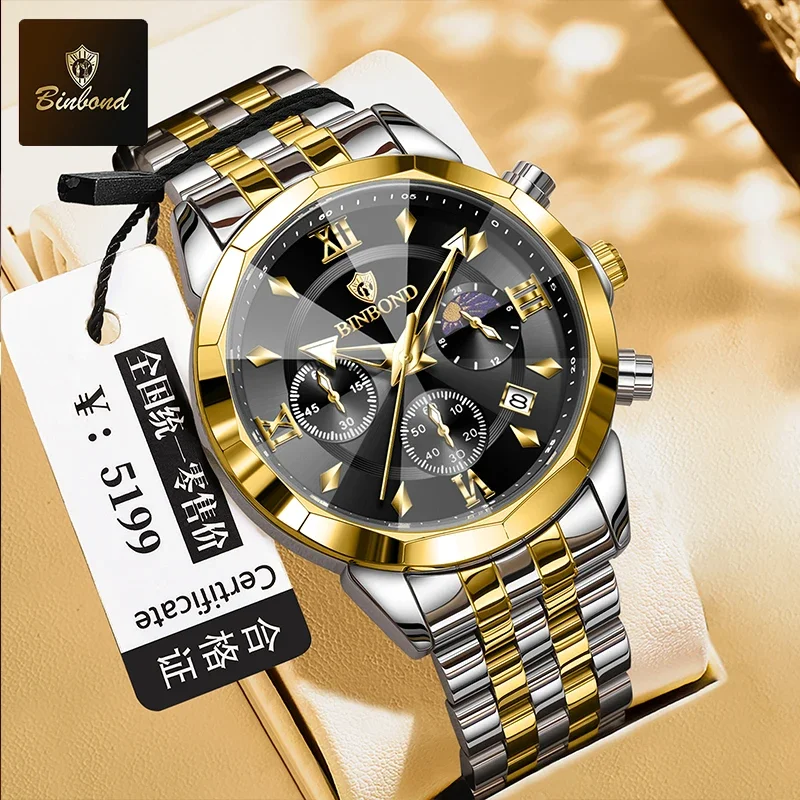 

BINBOND Роскошные мужские часы, оригинальные водонепроницаемые светящиеся хронографы, мужские наручные часы из нержавеющей стали, кварцевые деловые мужские часы