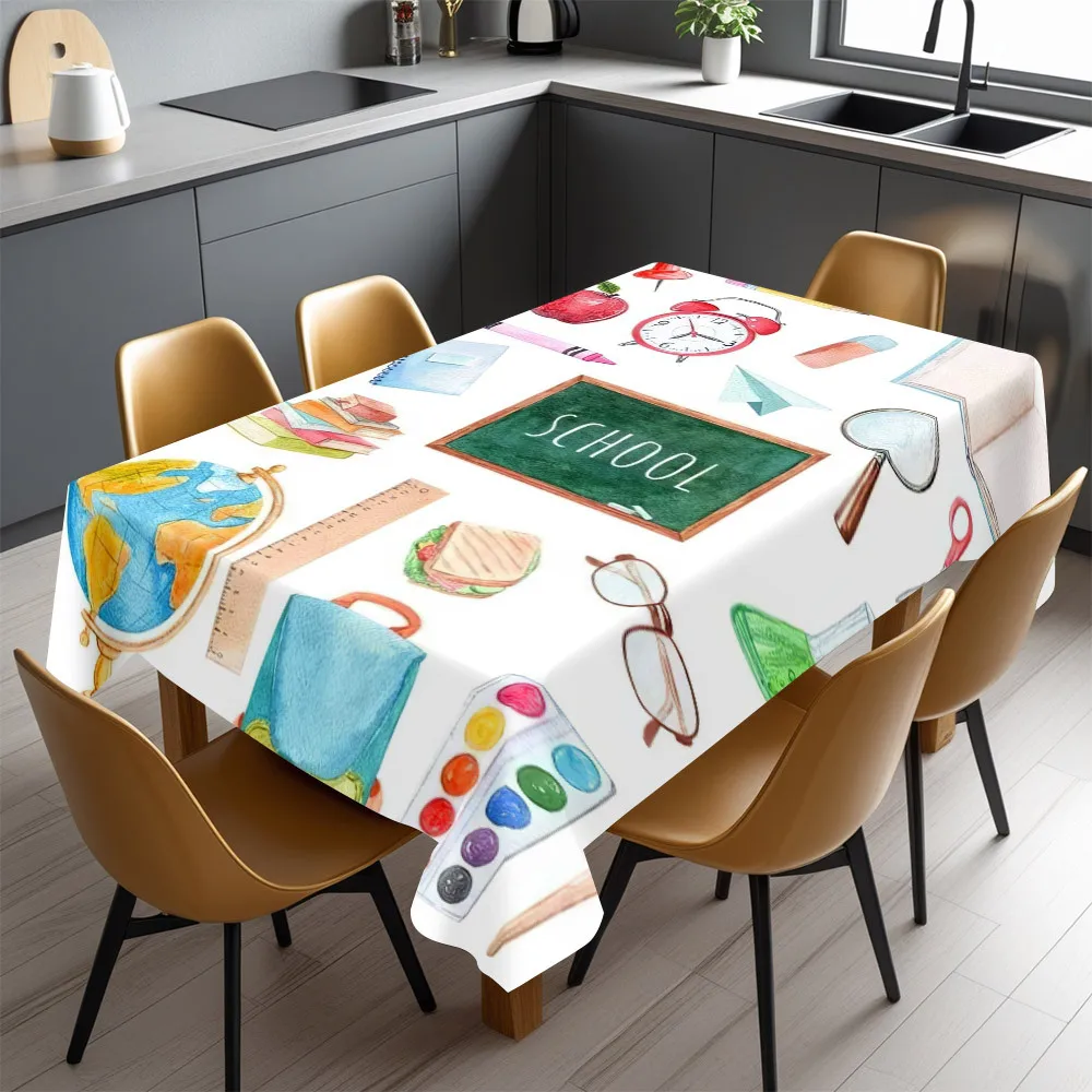 Cute School Supplies Tablecloth Waterproof Desk Cover for Kids Classroom Party Decor Learning Theme
