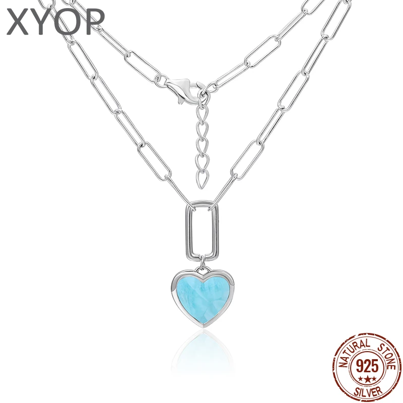 

XYOP Beautiful Natural Precious Stone 925 Sterling Silver Larimar sweat-heart Pendant Necklace Womens Jewelry For Gift