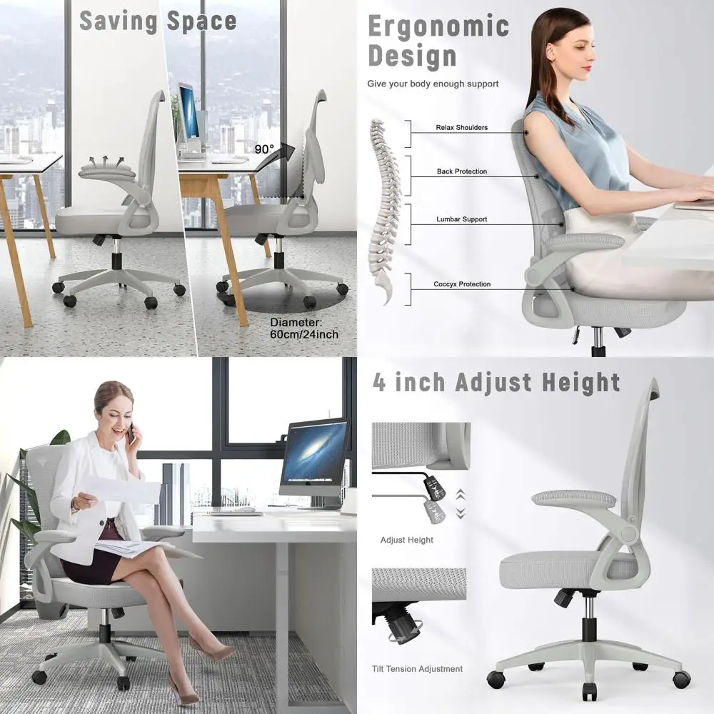 

Mid-Back Adjustable Height Swivel Chair with Flip-Up Arms, Lumbar Support, and Breathable Mesh for Home/Office Use, Grey
