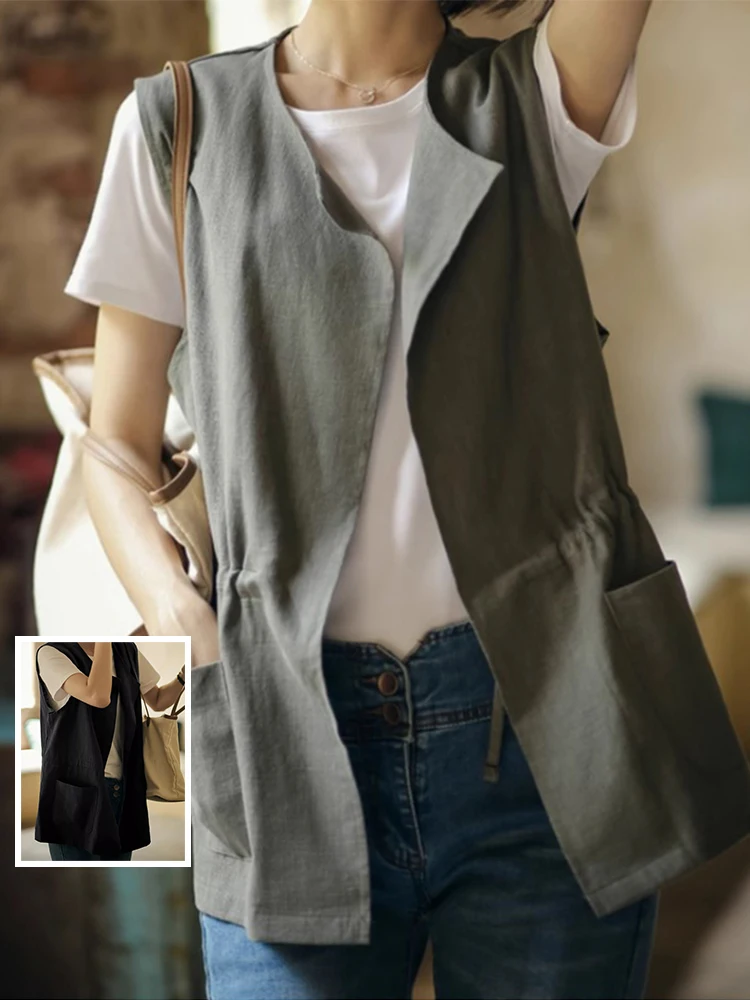 เสื้อกั๊กผ้าฝ้ายลินินทรงเข้ารูปทันสมัย พร้อมเข็มขัดสี ไม่มีกระดุม คอกลม สไตล์ลำลอง โอเวอร์ไซส์ แฟชั่นฤดูร้อนสำหรับผู้หญิง