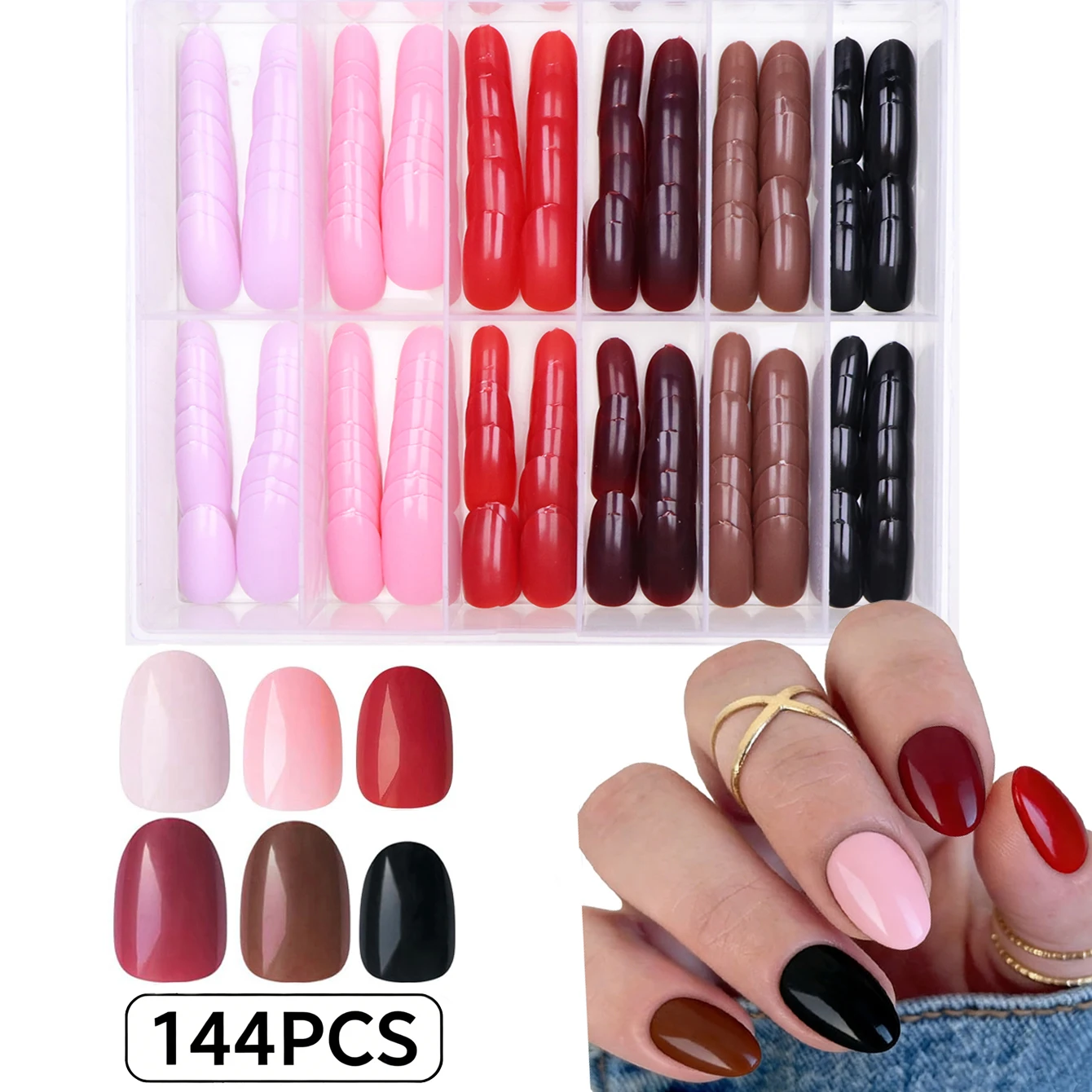 เล็บปลอมทรงรีแบบฝรั่งเศส 144 ชิ้น ดีไซน์สีพื้น ครอบคลุมเต็มเล็บ ทำจากอะคริลิก เหมาะสำหรับตกแต่งเล็บเองที่บ้านหรือใช้ในงานเดท