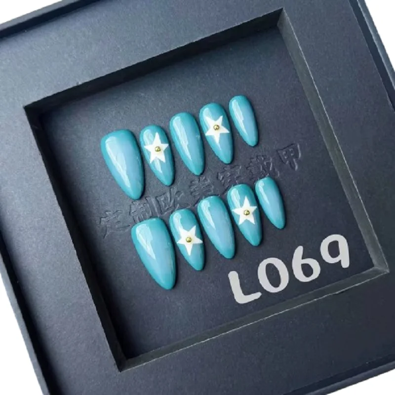 Handmade Press On Nails Sky Blue Y2K Fake Nails Long Removable Almond White Star Manicure False Nails Golden Bead Decor 10pcs