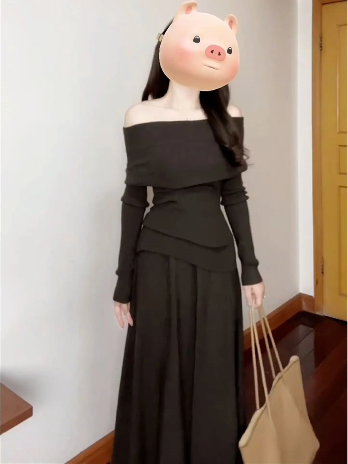 

Элегантное платье с длинными рукавами и одним открытым плечом, модный комплект с эффектом похудения, длинная юбка, женская зимняя коллекция, удобный крой