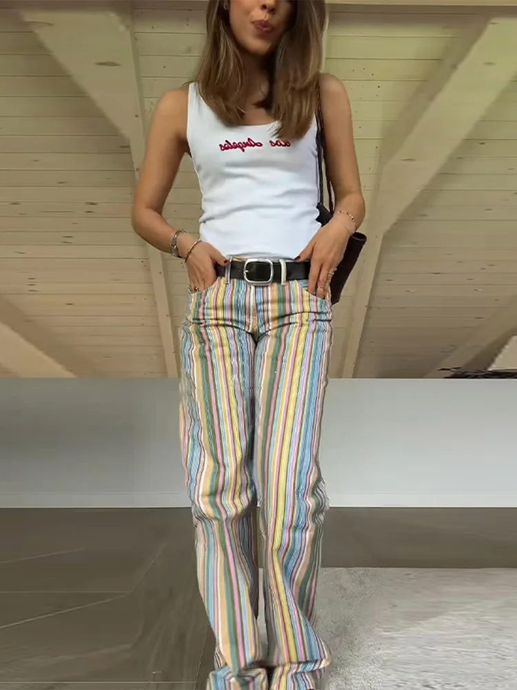 Ein-Knopf-Lose-Damenhose, gestreift, knöchellang, weites Bein, niedrige Taille, Damen Frühling Herbst Mode Freizeithose 2026