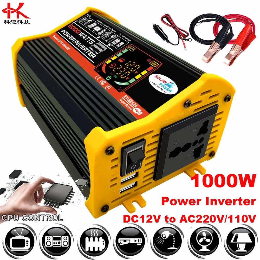 

Car Power Inverter DC 12V to AC 110V 220V 500W Peak 1000W Protection 6000W Solar Transformer Modified Sine Wave Converter Charge