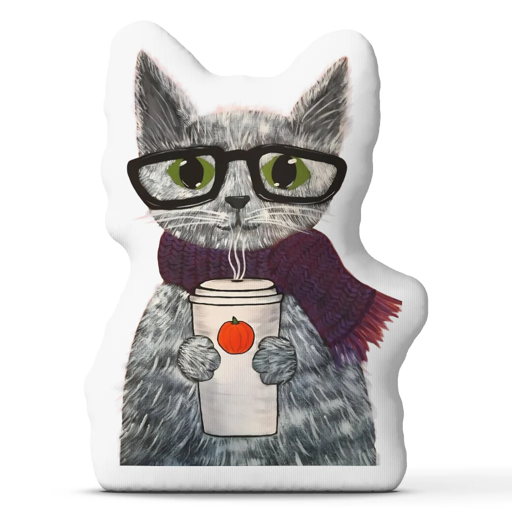 Cozy Autumn Cat Shaped Throw Pillow with Glasses Coffee and Pumpkin Stuffed Cushion for Fall Sofa Decor Gift for Cat Lovers
