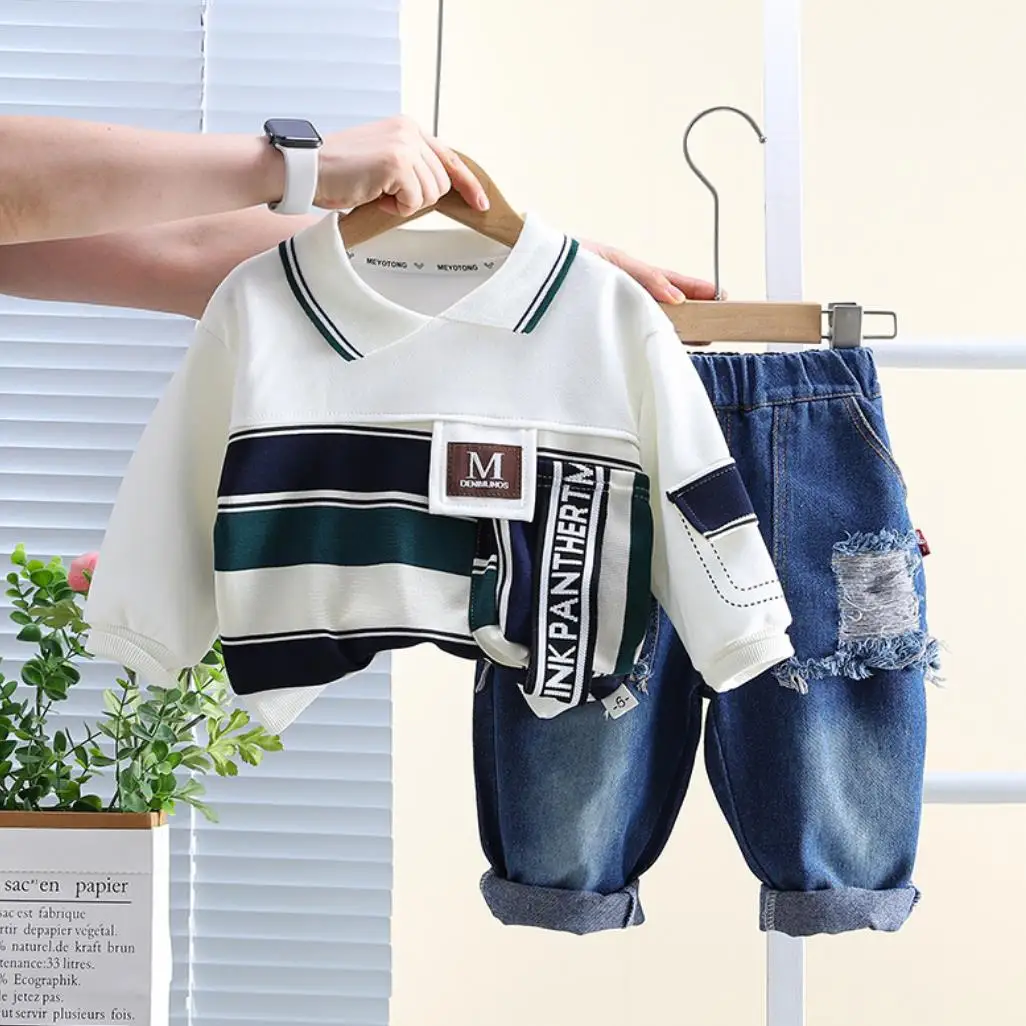 2024 Autumn Baby Outfits For Kids 6 To 12 Months Striped Pocket Pullover Long Sleeve T-shirts+Pants Children Boys Clothing Suit