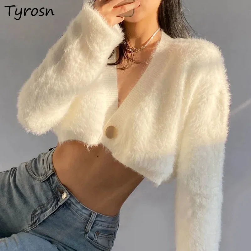 

Winter Cropped Cardigan Women Warm Coat Lazy Sweater Hotsweet Simple Fluffy Y2k Knitted Elegant Streetwear Fashion Soft Mujer