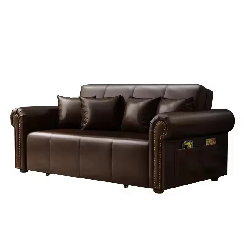 Home Furniture Modern Design Pull-Out Sofa Bed Black Leather Living Room Double Sofa Bed