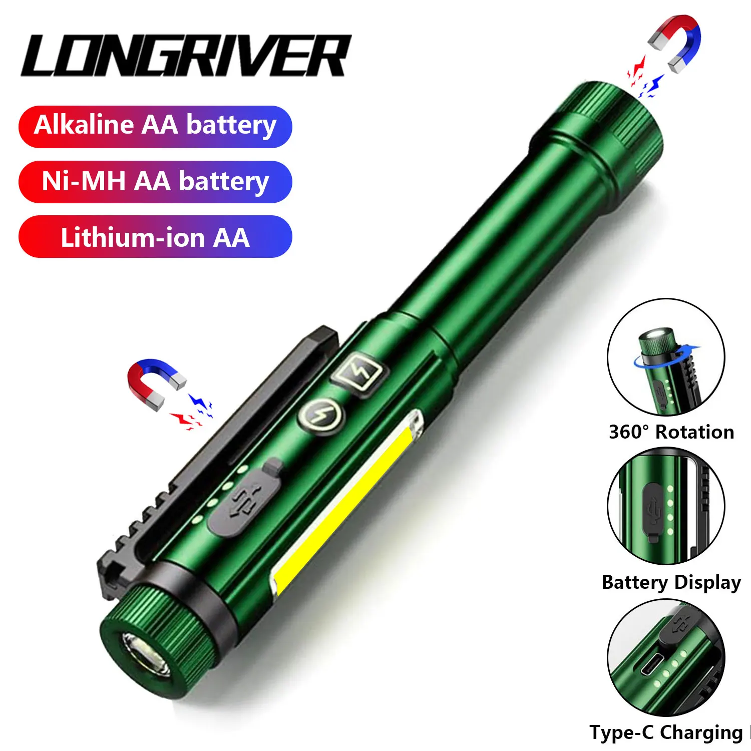 

LONGRIVER M45 mini Flashlight Portable Pen Light COB+XPE Dual Light Source Tail Magnet Torch with Pocket Clip 8 Lighting Modes