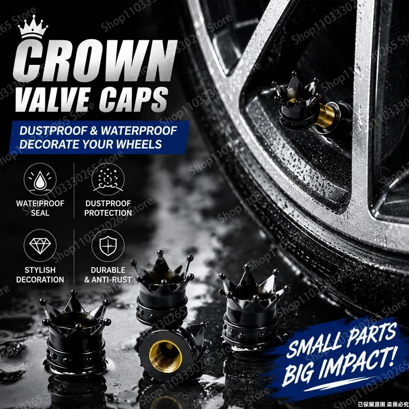 

Crown Shape Tire Valve Caps 4PCS, Stylish Dustproof Waterproof Universal Car Wheel Air Stem Covers for All Vehicles