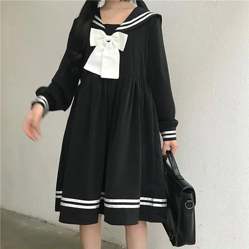 Preppy Style Korean Loose Long Sleeve Spring Autumn New Sailor Collar Bow Sweet Age Reduction Solid Color Vintage Dress Female