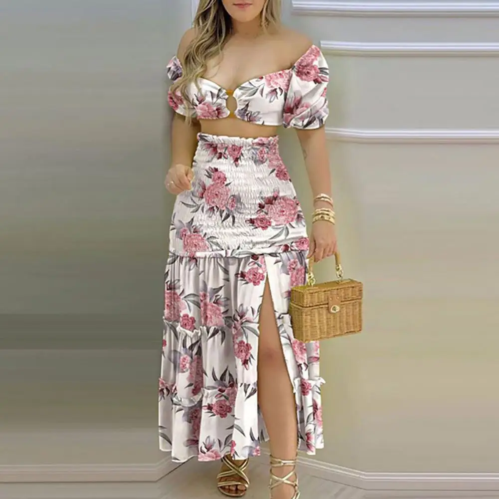 2 Pcs/Set Tops Skirt Set Short Sleeves Off Shoulder Sweet Floral Pattern Hollow Out High Waist Shirring Lady Blouse Skirt Suit