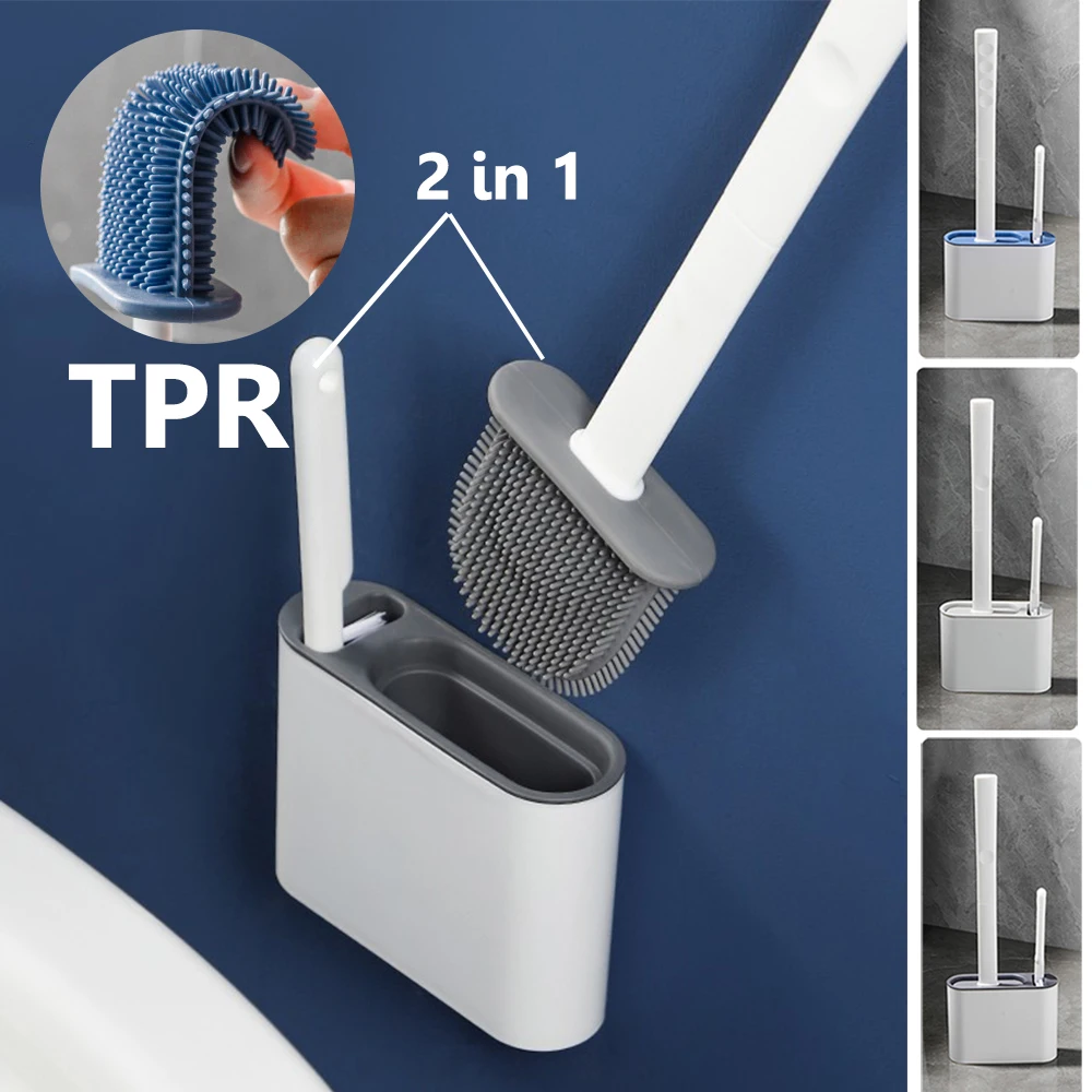 

Wall Mounted Soft Bristle Toilet Brush Set with Holder Long Handle Silicone Flat Toilet Clean Brush 2-in-1 TPR Bristles Brushes